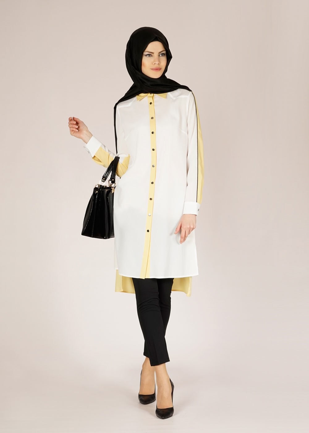 Tesettür giyim SARI İKİ RENKLİ METAL DÜĞMELİ DÜZ TUNİK 4693 