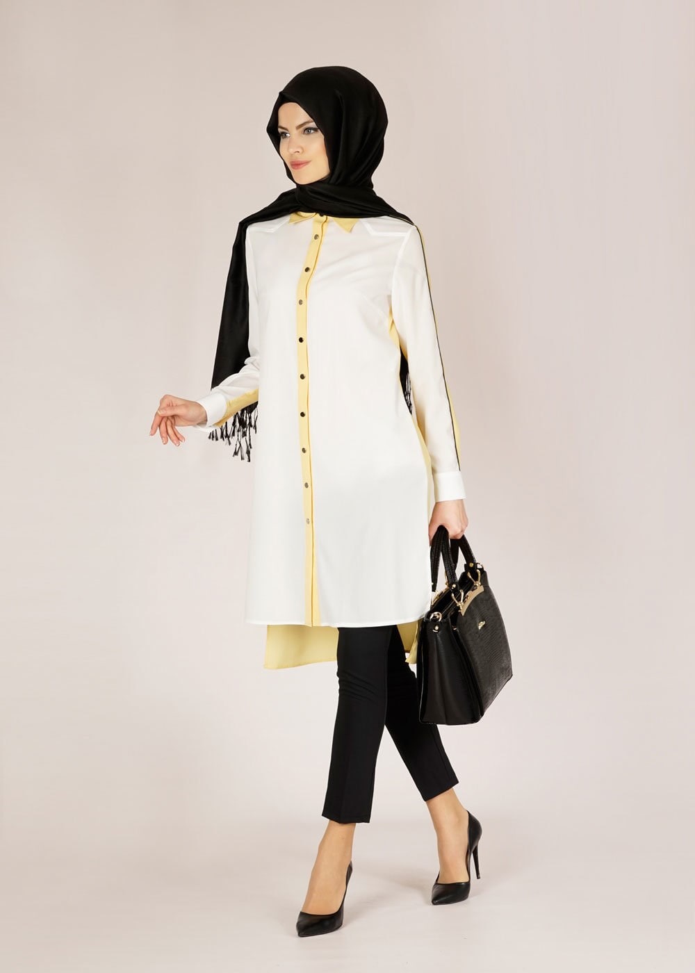 Tesettür giyim SARI İKİ RENKLİ METAL DÜĞMELİ DÜZ TUNİK 4693 