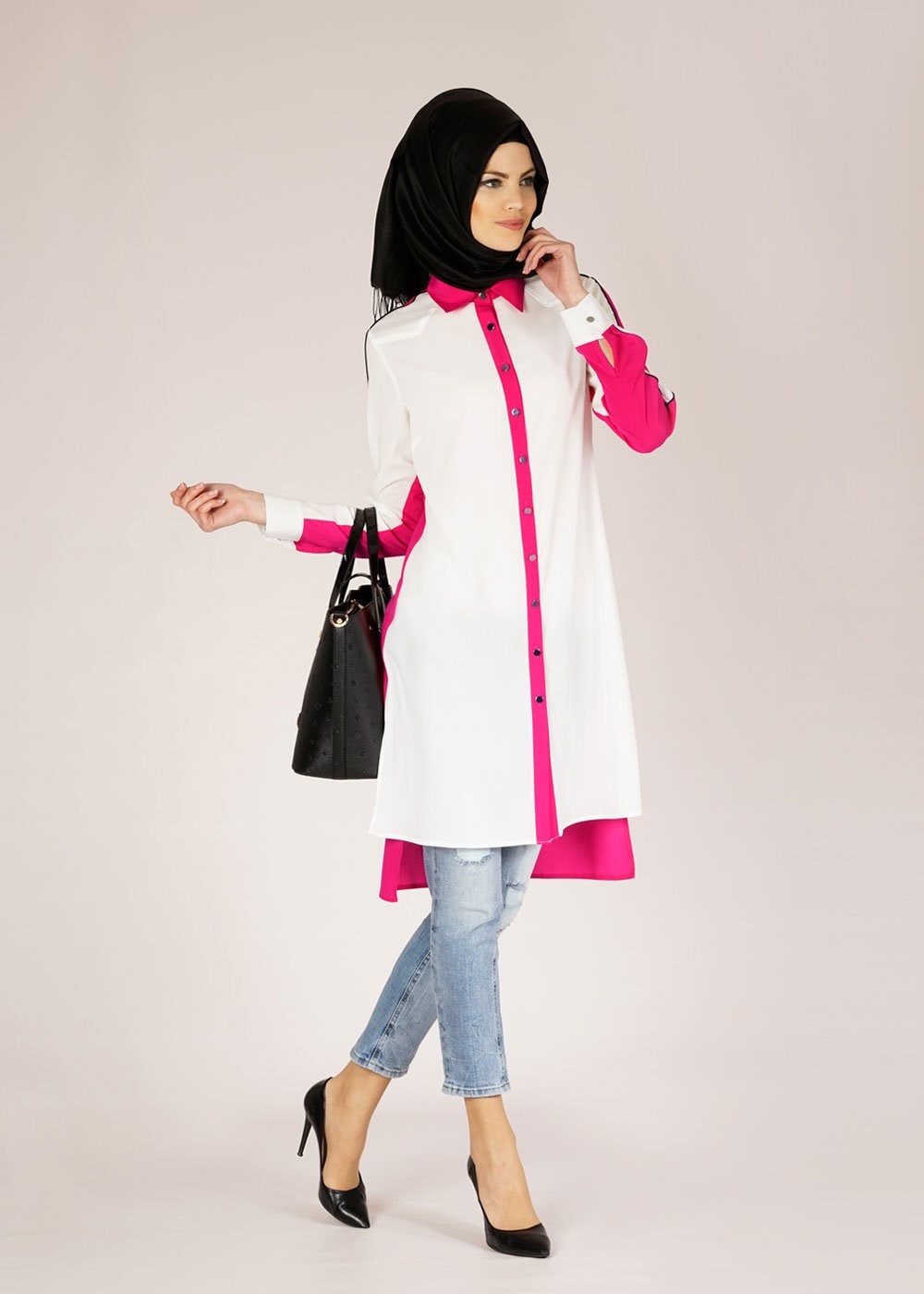 Tesettür giyim FUŞYA İKİ RENKLİ METAL DÜĞMELİ DÜZ TUNİK 4693 