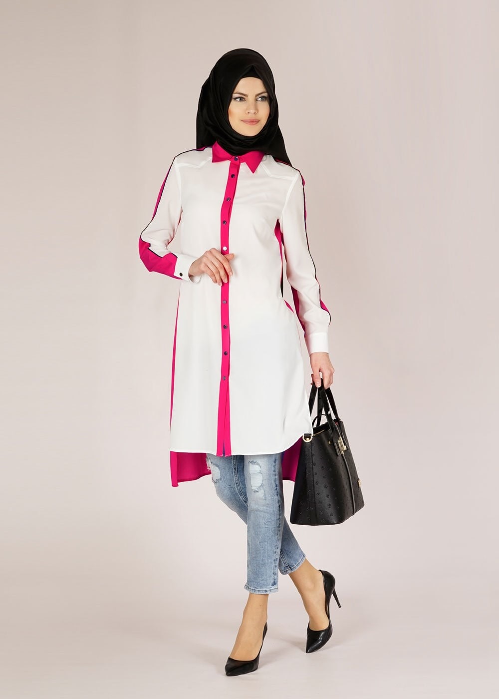 Tesettür giyim FUŞYA İKİ RENKLİ METAL DÜĞMELİ DÜZ TUNİK 4693 