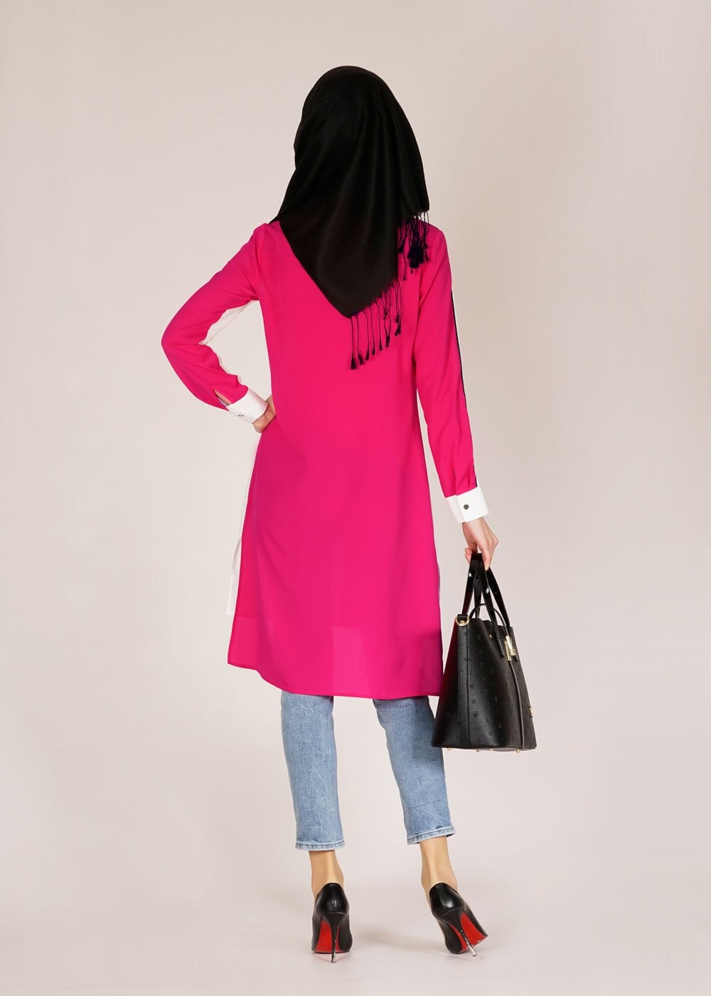 Tesettür giyim FUŞYA İKİ RENKLİ METAL DÜĞMELİ DÜZ TUNİK 4693 
