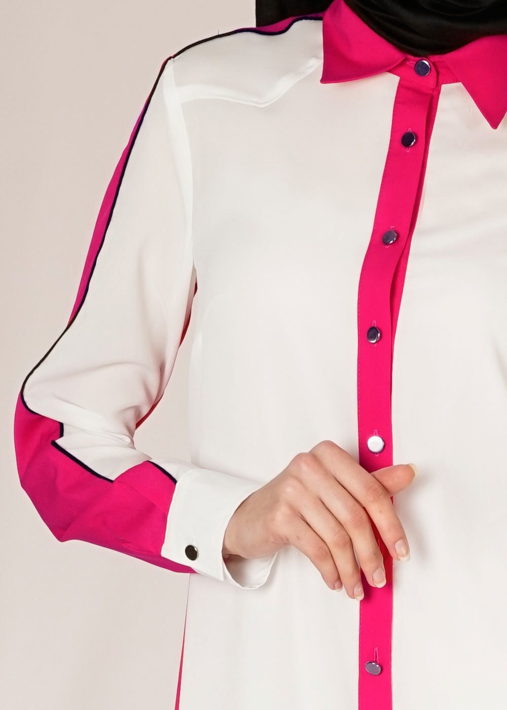 Tesettür giyim FUŞYA İKİ RENKLİ METAL DÜĞMELİ DÜZ TUNİK 4693 