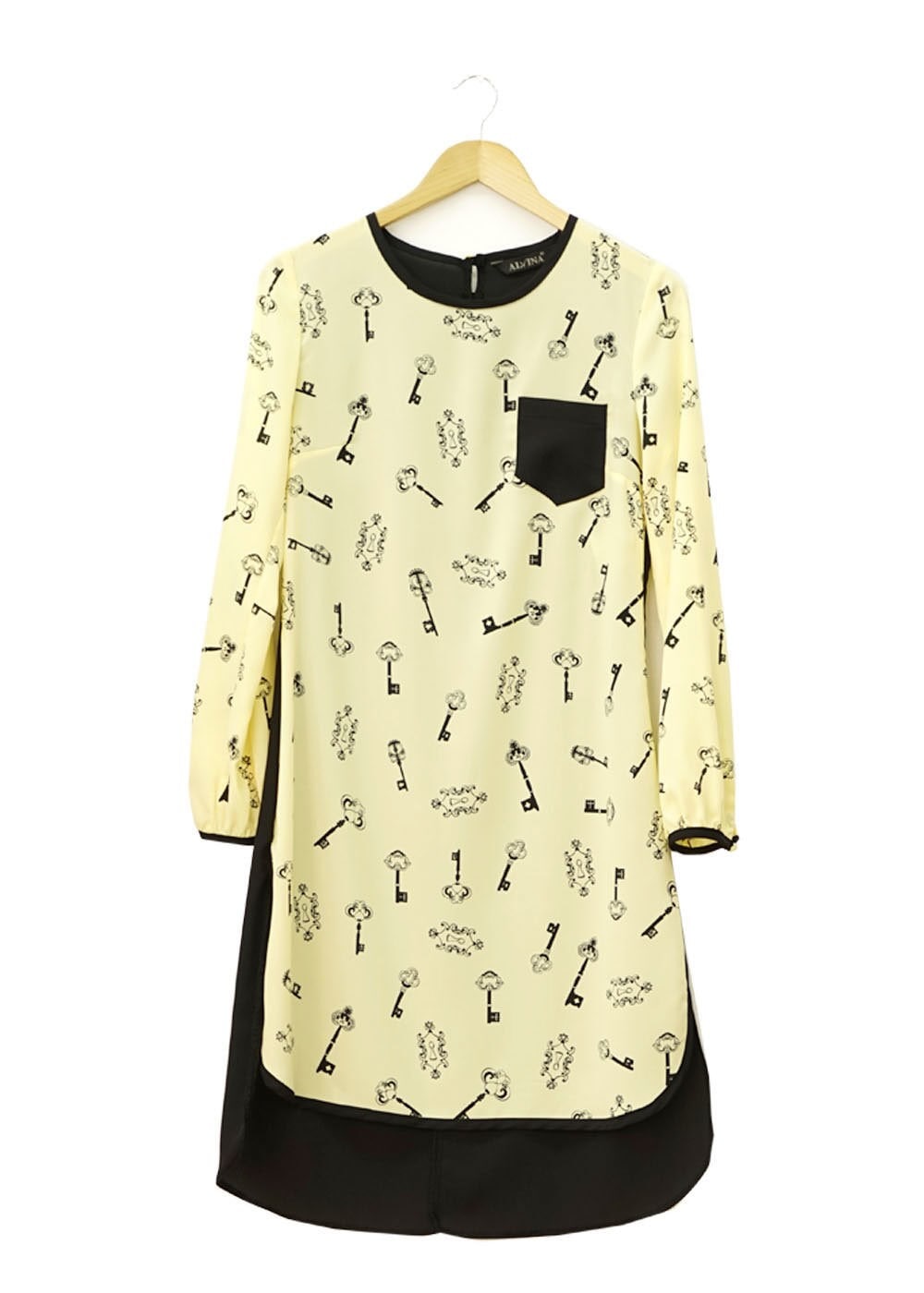 Tesettür giyim SARI BASKILI ARKASI DÜĞMELİ TUNİK 4696