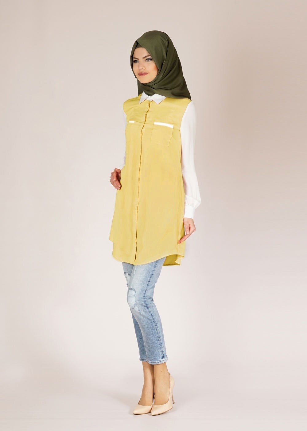 Tesettür giyim SARI GÖMLEK YAKA TUNİK 4715 