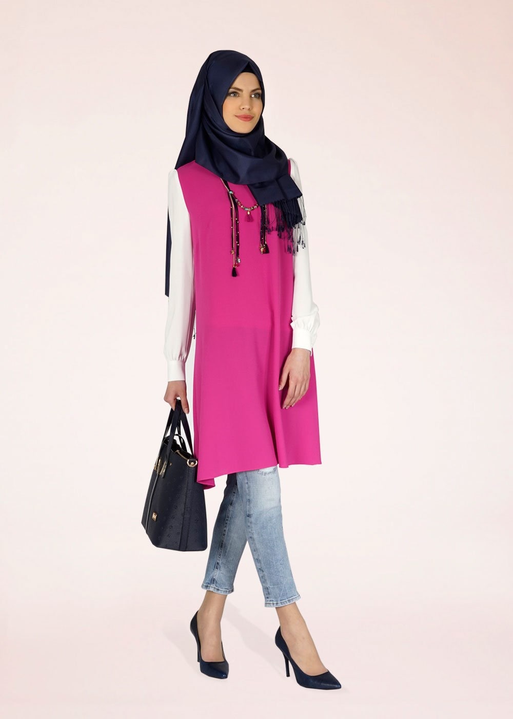 Tesettür giyim FUŞYA MANŞETLERİ DÜĞMELİ DÜZ TUNİK 4718