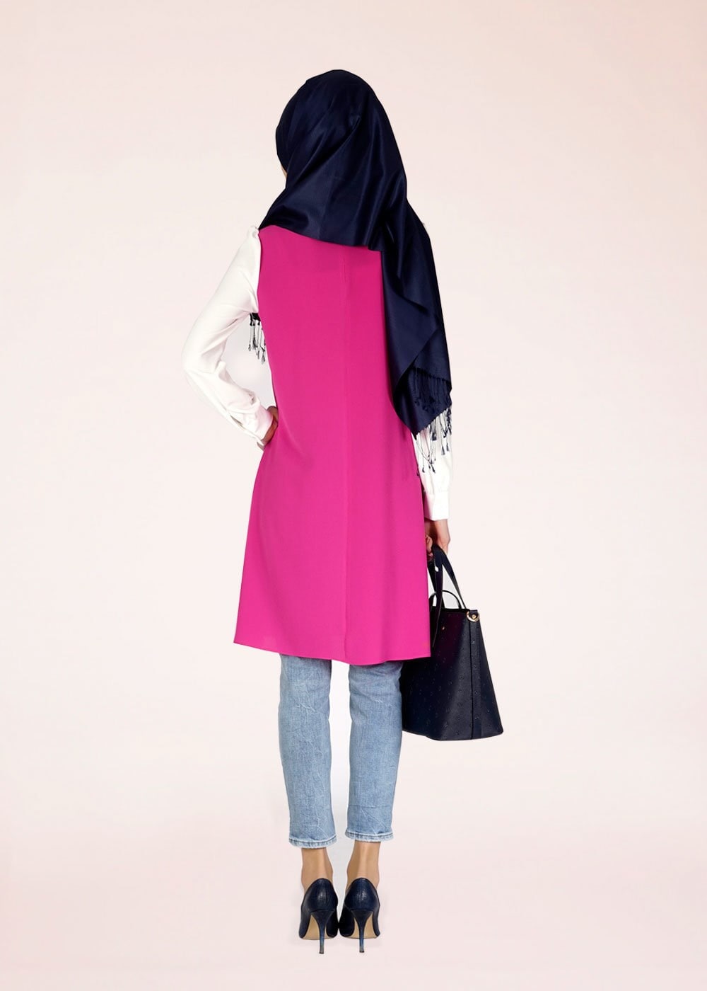 Tesettür giyim FUŞYA MANŞETLERİ DÜĞMELİ DÜZ TUNİK 4718