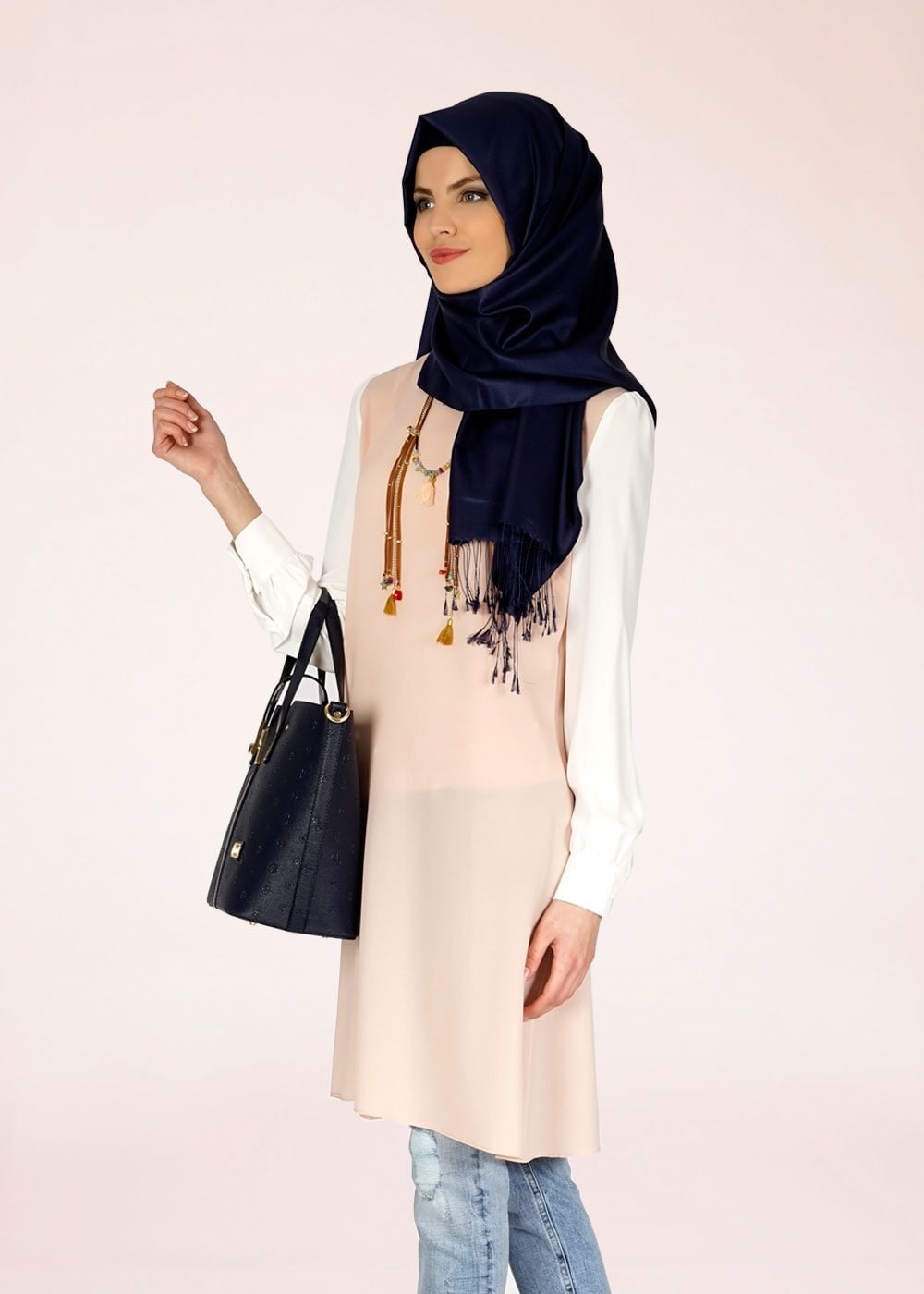 Tesettür giyim PUDRA MANŞETLERİ DÜĞMELİ DÜZ TUNİK 4718