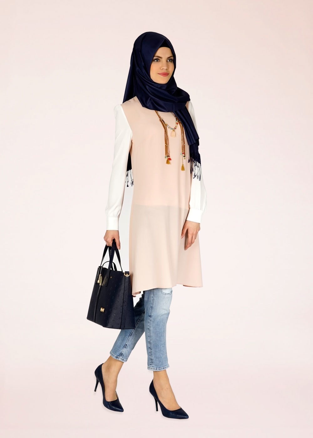 Tesettür giyim PUDRA MANŞETLERİ DÜĞMELİ DÜZ TUNİK 4718