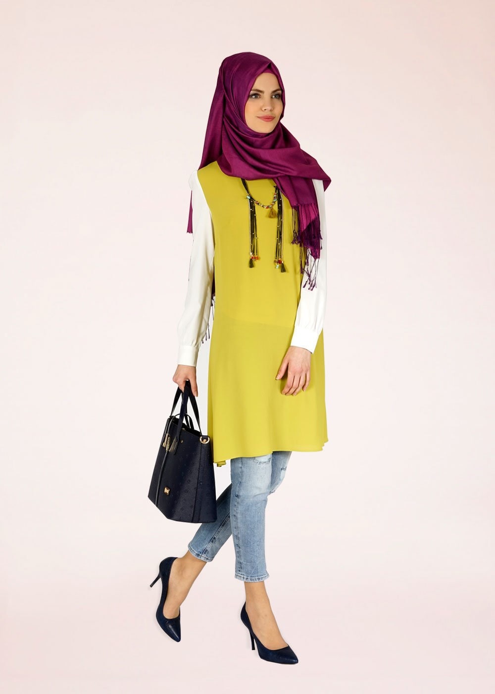 Tesettür giyim YEŞİL MANŞETLERİ DÜĞMELİ DÜZ TUNİK 4718