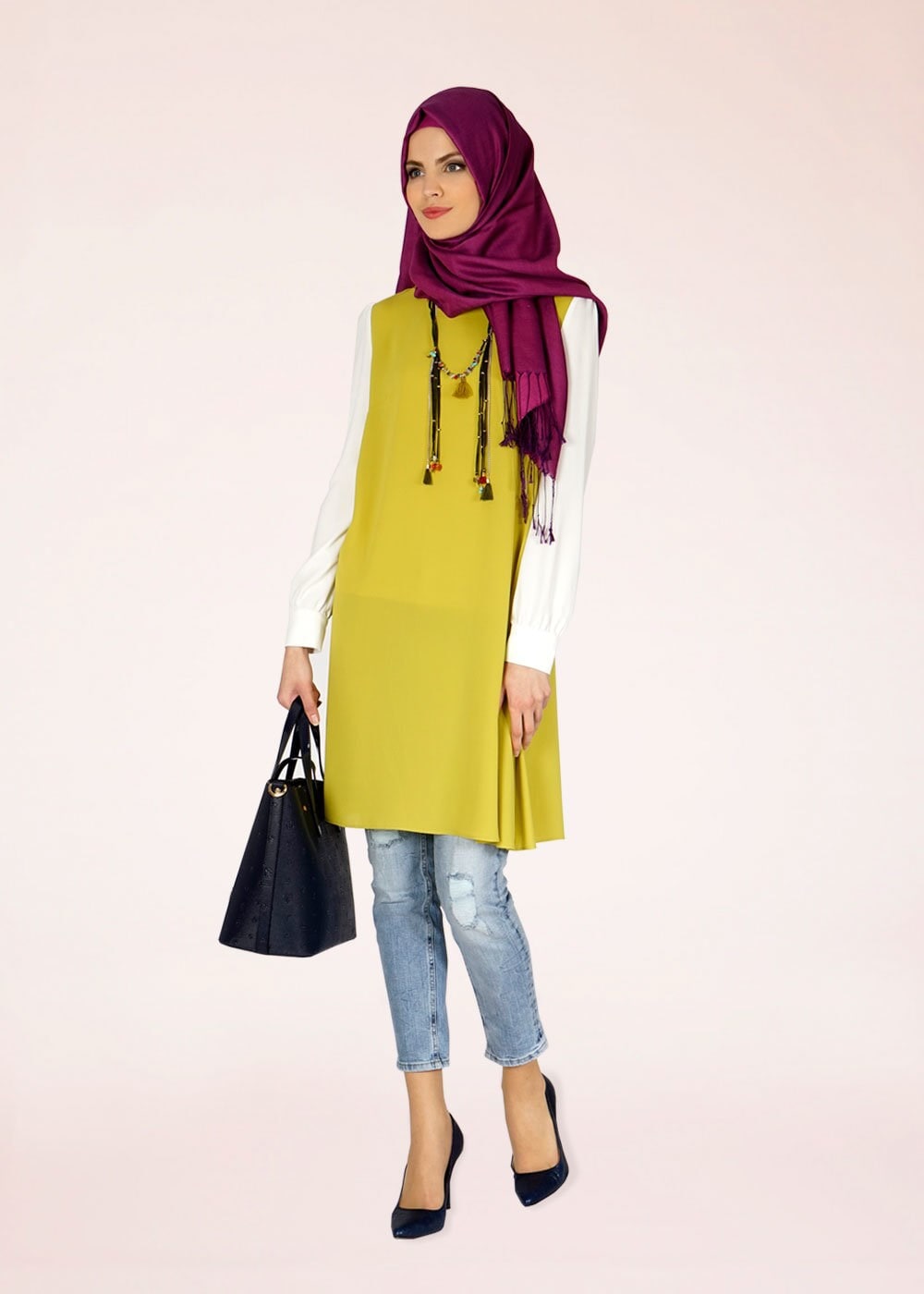 Tesettür giyim YEŞİL MANŞETLERİ DÜĞMELİ DÜZ TUNİK 4718