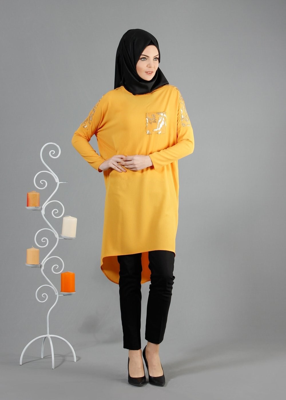 Tesettür giyim SARI DESENLİ ASİMETRİK KESİM TUNİK 4722