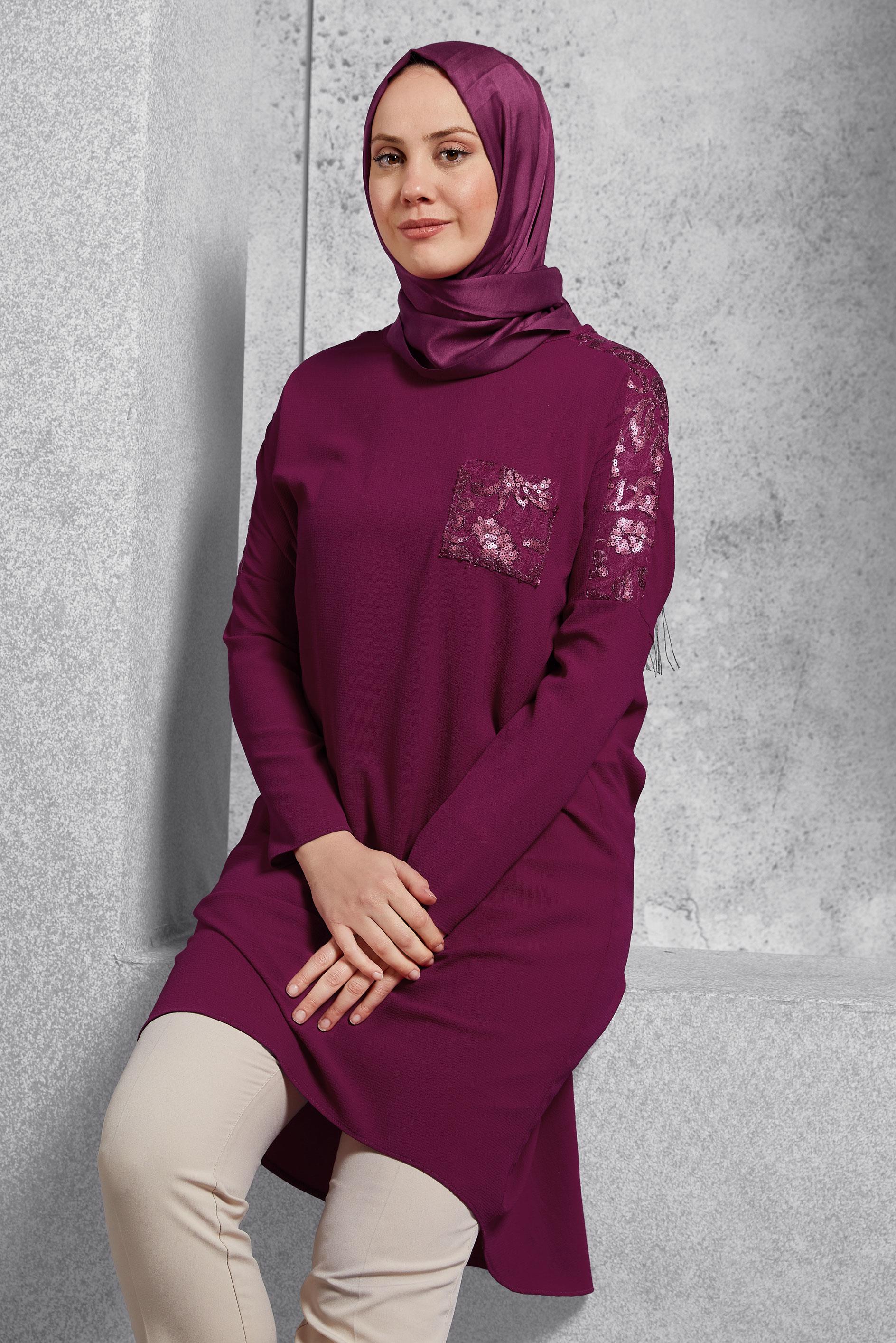 Hijab clothing PURPLE PATTERNED ASYMMETRIC CUT TUNIC 4722