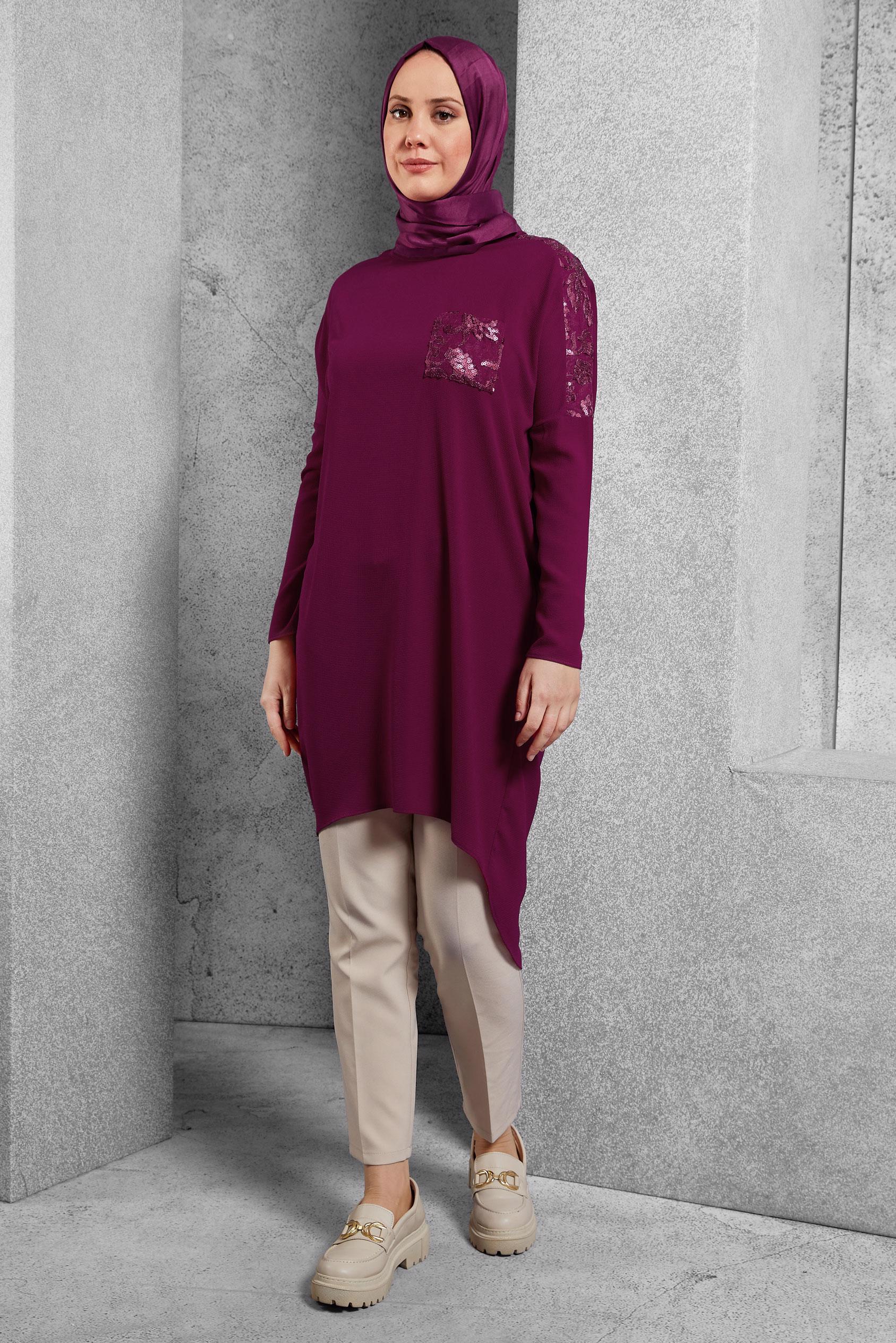 Hijab clothing PURPLE PATTERNED ASYMMETRIC CUT TUNIC 4722
