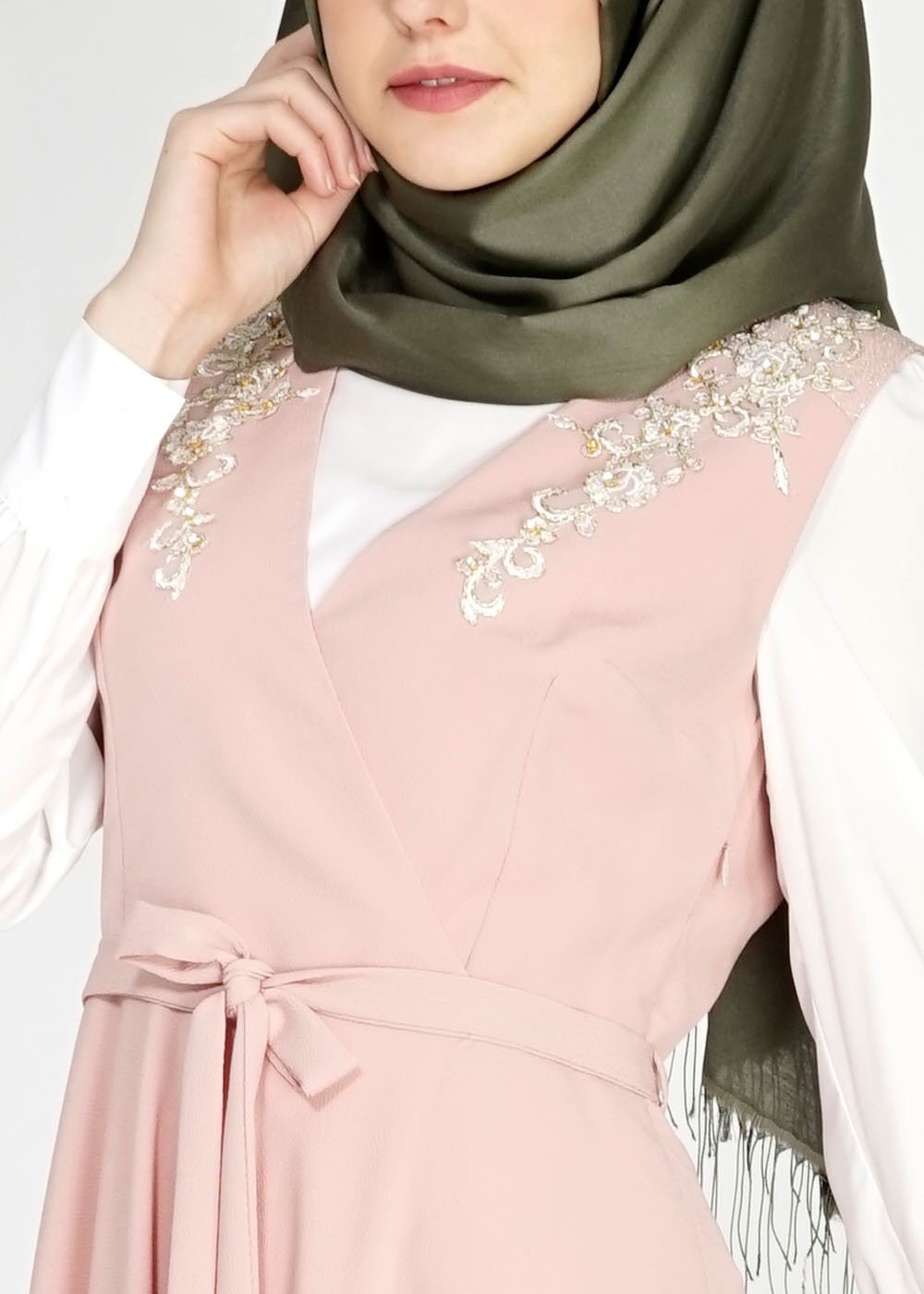 Tesettür giyim PUDRA İŞLEMELİ VOLANLI İKİLİ TUNİK 4723