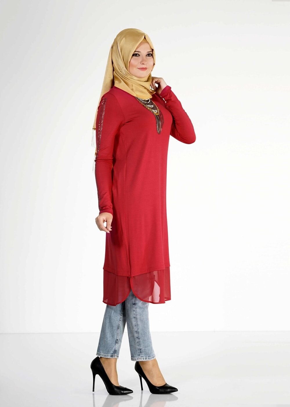 Tesettür giyim KIRMIZI TAŞ İŞLEME DETAYLI TUNİK 4732