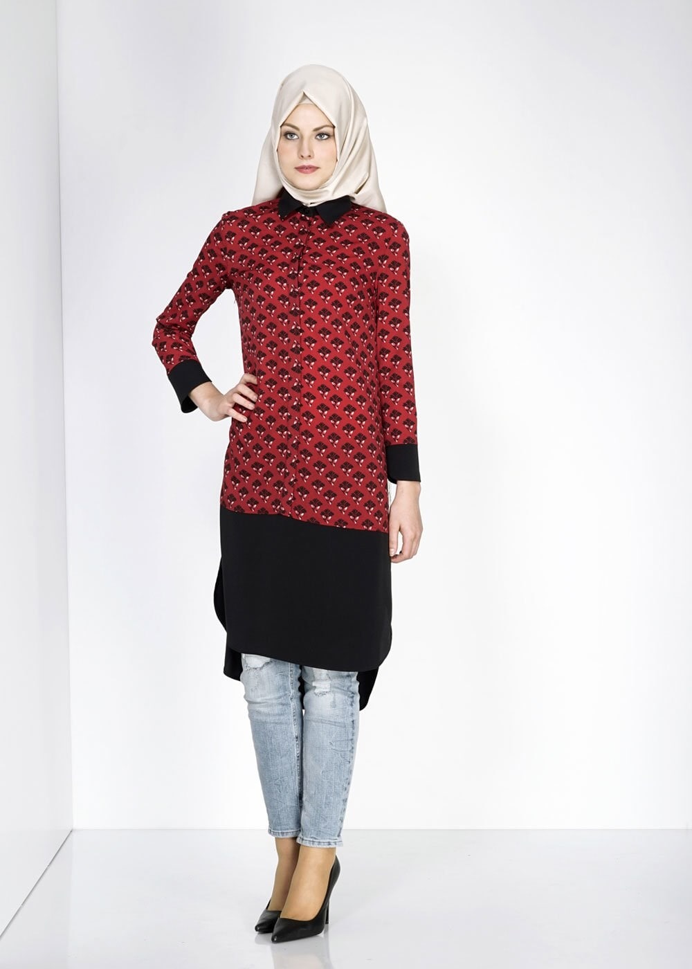 Tesettür giyim BORDO GÖMLEK YAKA DESENLİ TUNİK 4776