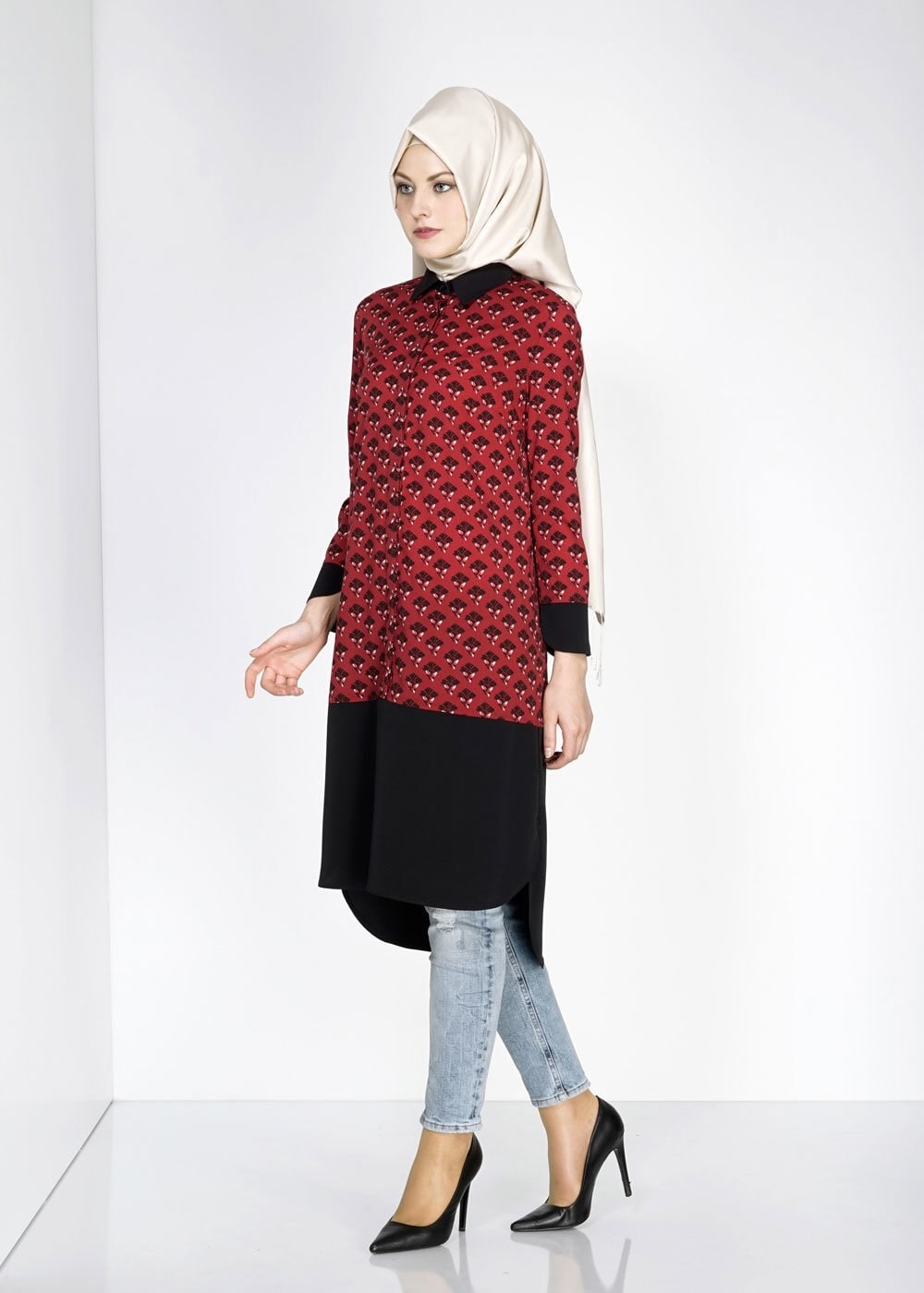 Tesettür giyim BORDO GÖMLEK YAKA DESENLİ TUNİK 4776