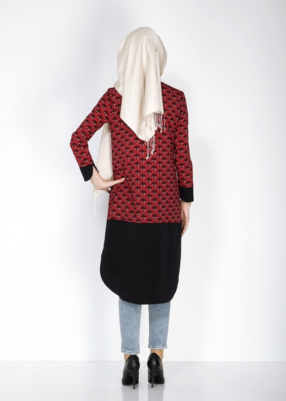 Tesettür giyim BORDO GÖMLEK YAKA DESENLİ TUNİK 4776