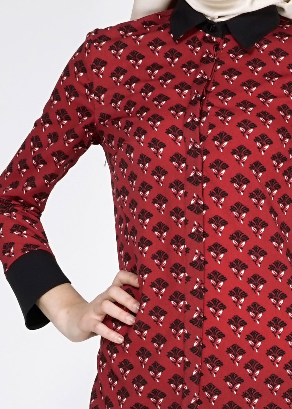 Tesettür giyim BORDO GÖMLEK YAKA DESENLİ TUNİK 4776