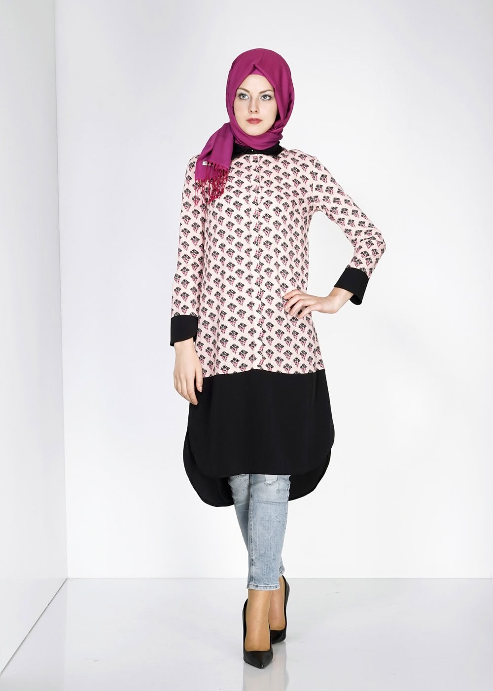 Tesettür giyim PUDRA GÖMLEK YAKA DESENLİ TUNİK 4776