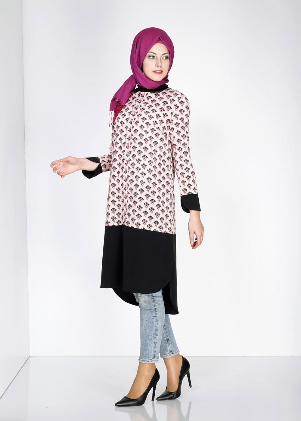 Tesettür giyim PUDRA GÖMLEK YAKA DESENLİ TUNİK 4776