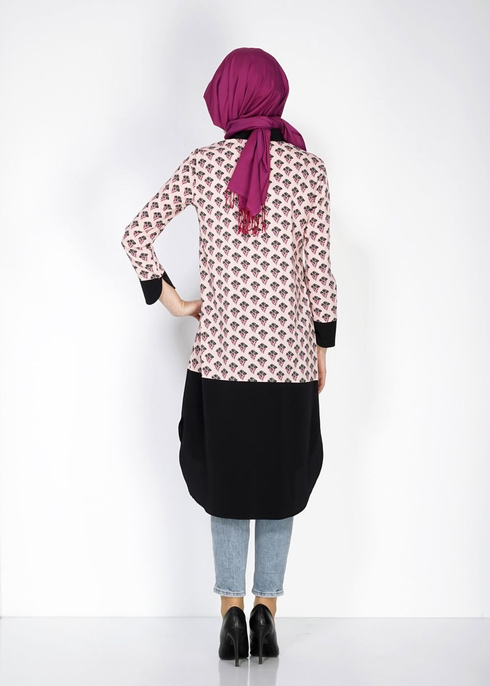 Tesettür giyim PUDRA GÖMLEK YAKA DESENLİ TUNİK 4776
