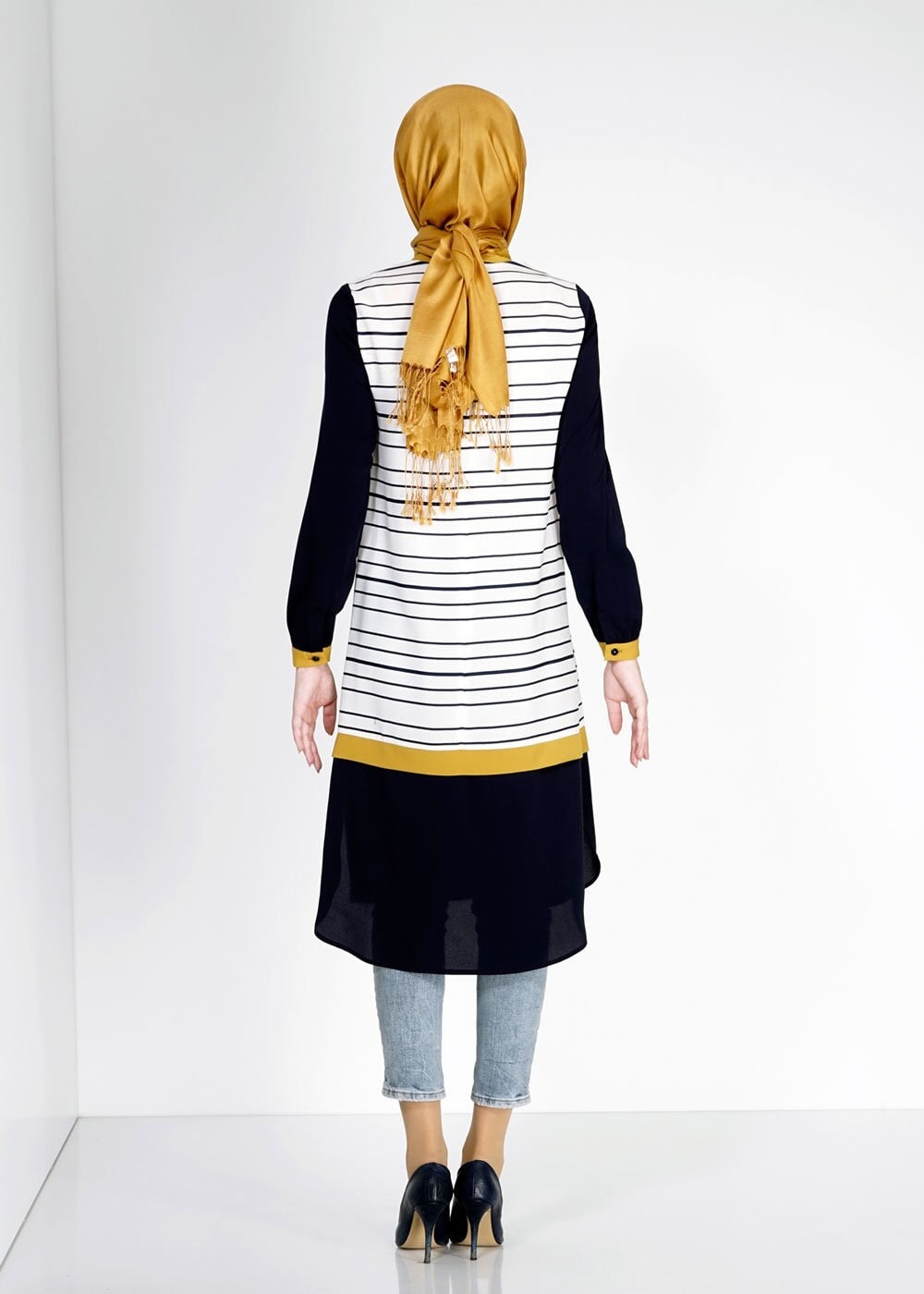 Tesettür giyim LACİVERT ÇİZGİLİ GÖMLEK YAKA KREP TUNİK 4788