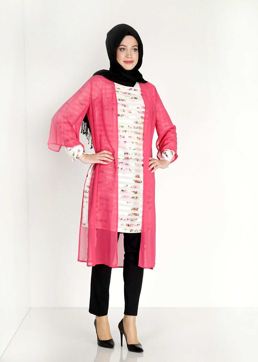 Tesettür giyim FUŞYA DESENLİ ÇİZGİLİ İKİLİ ŞİFON TUNİK 4810