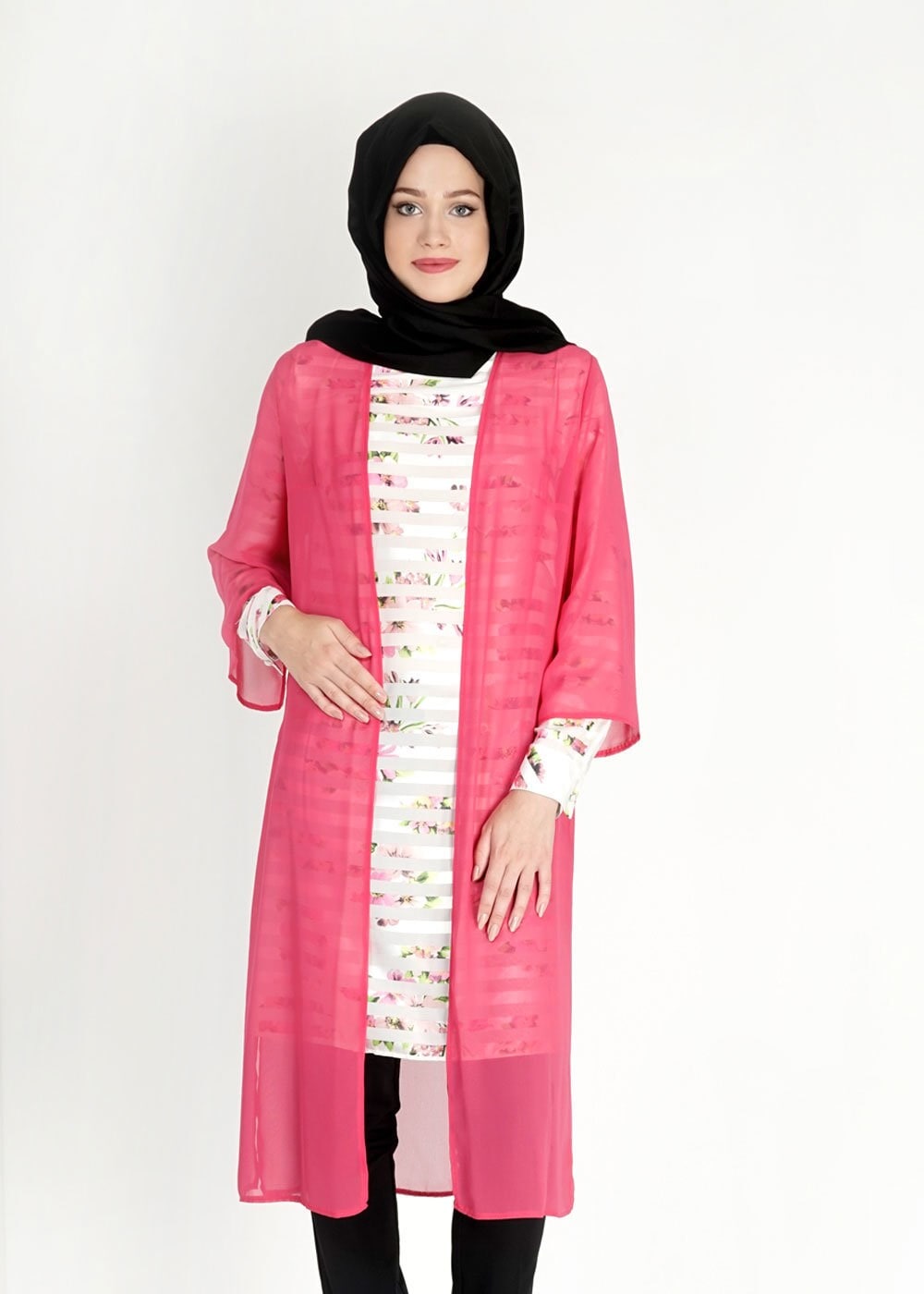 Tesettür giyim FUŞYA DESENLİ ÇİZGİLİ İKİLİ ŞİFON TUNİK 4810