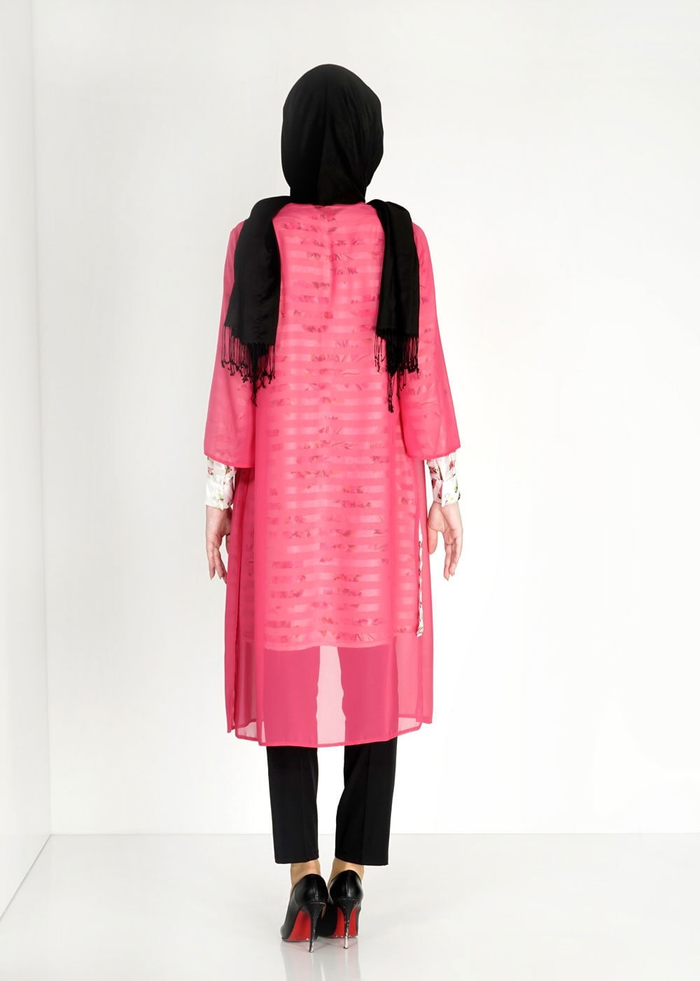 Tesettür giyim FUŞYA DESENLİ ÇİZGİLİ İKİLİ ŞİFON TUNİK 4810