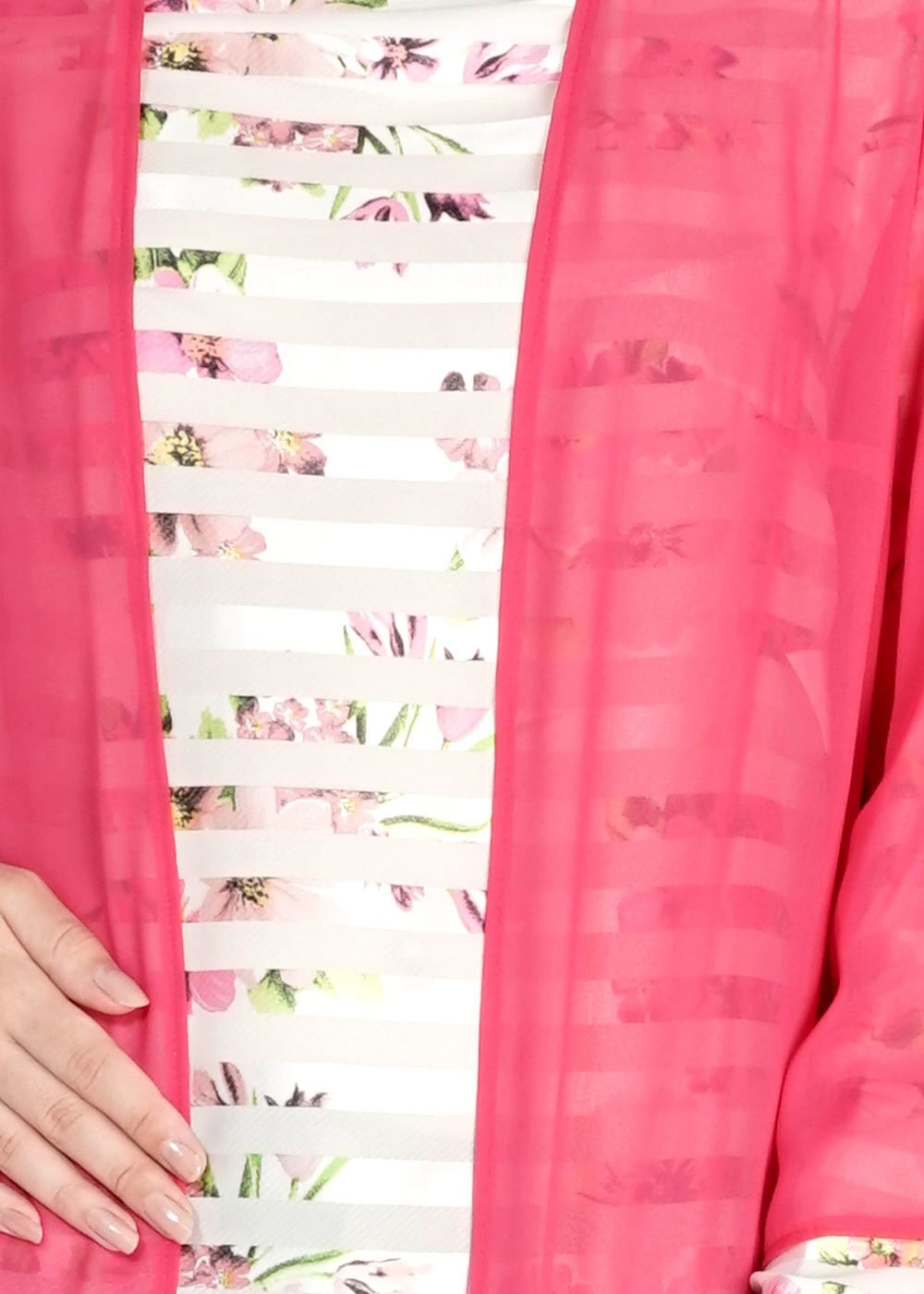 Tesettür giyim FUŞYA DESENLİ ÇİZGİLİ İKİLİ ŞİFON TUNİK 4810