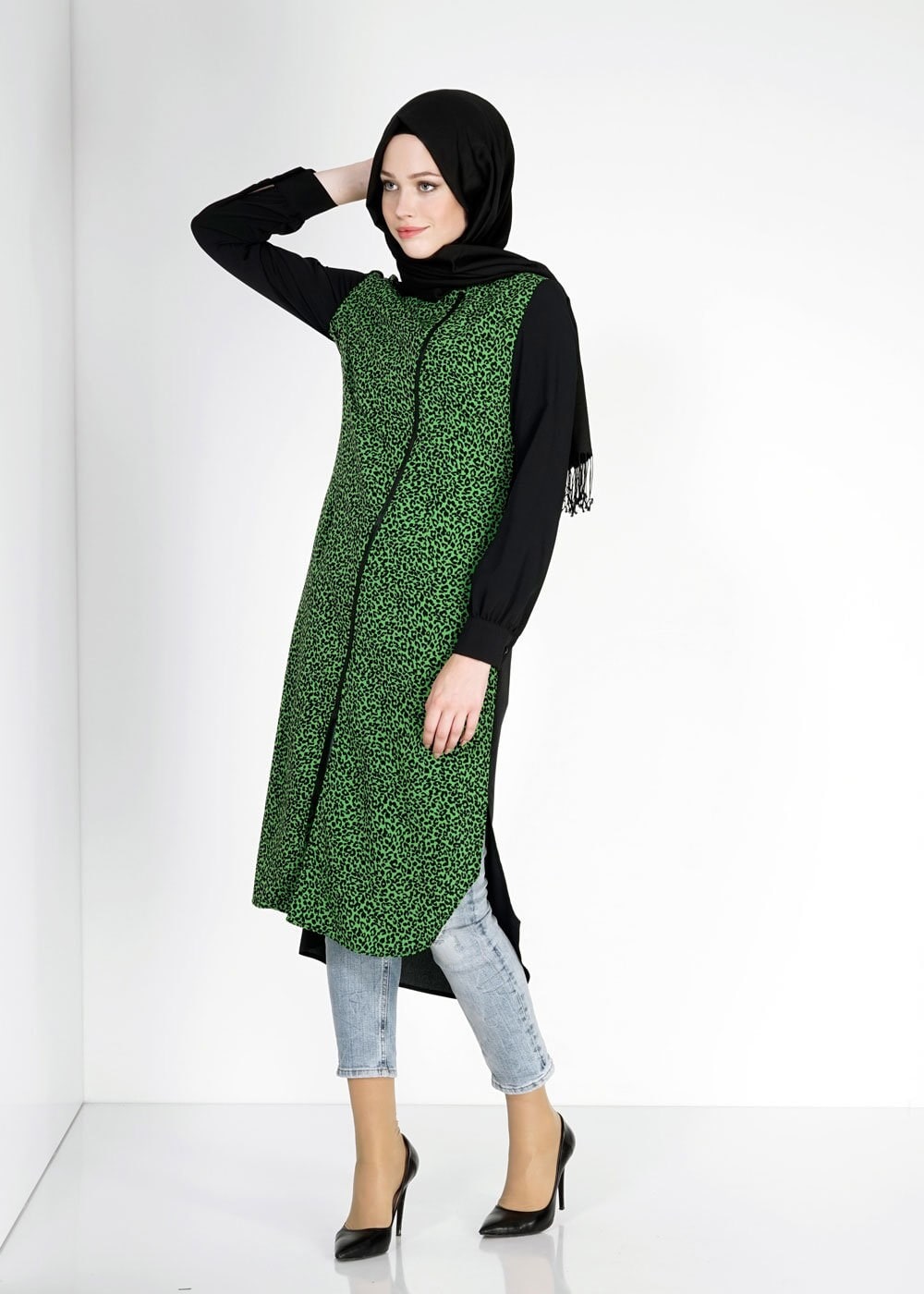 Tesettür giyim YEŞİL LEOPAR DESENLİ FERMUARLI TUNİK 4812