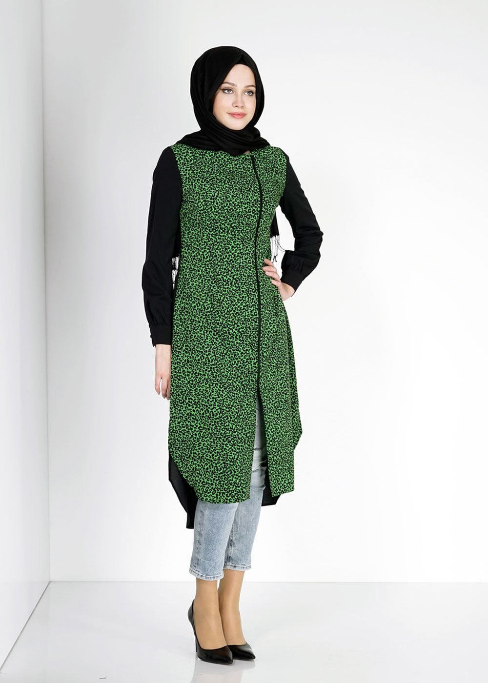 Tesettür giyim YEŞİL LEOPAR DESENLİ FERMUARLI TUNİK 4812