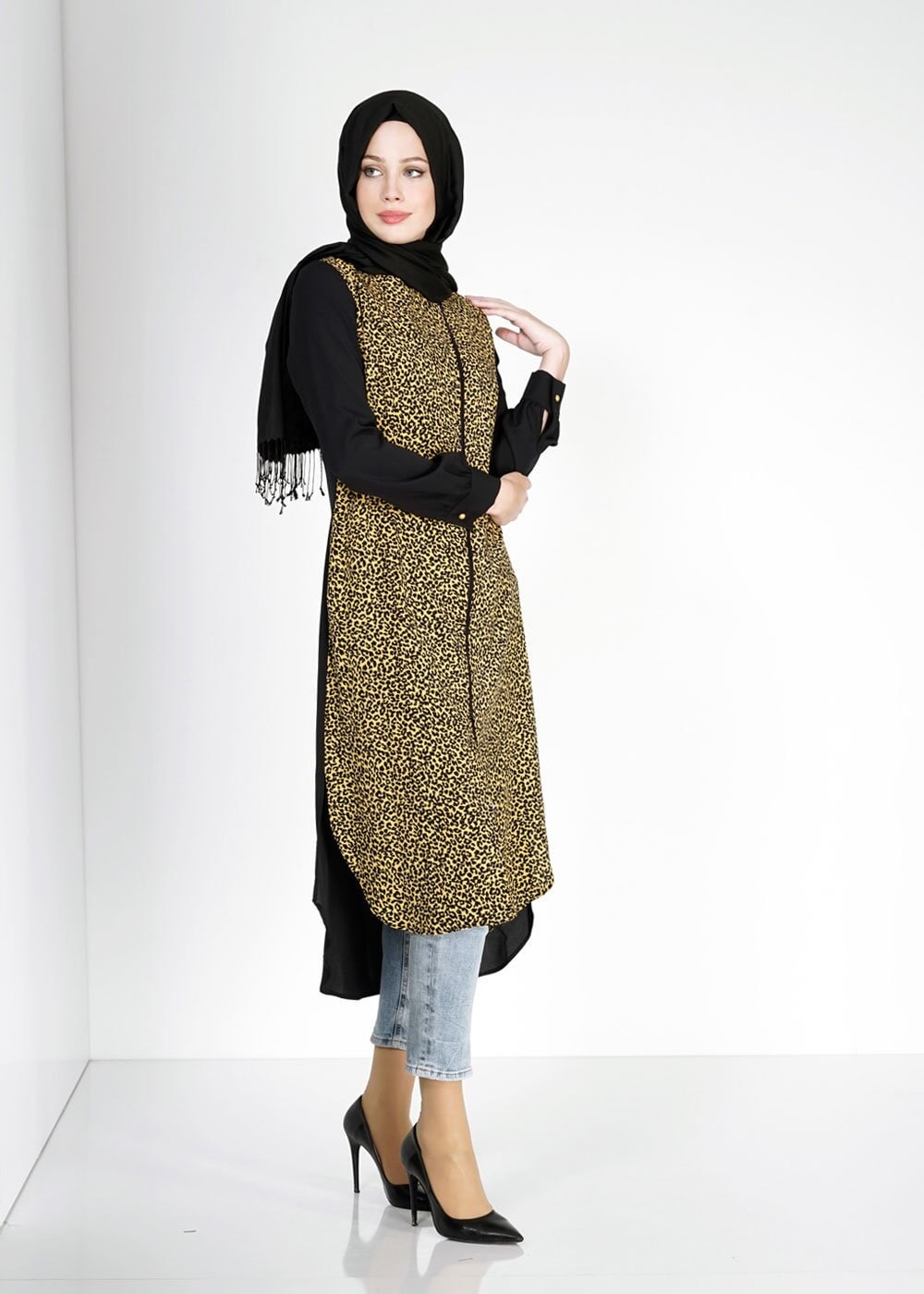 Tesettür giyim SARI LEOPAR DESENLİ FERMUARLI TUNİK 4812