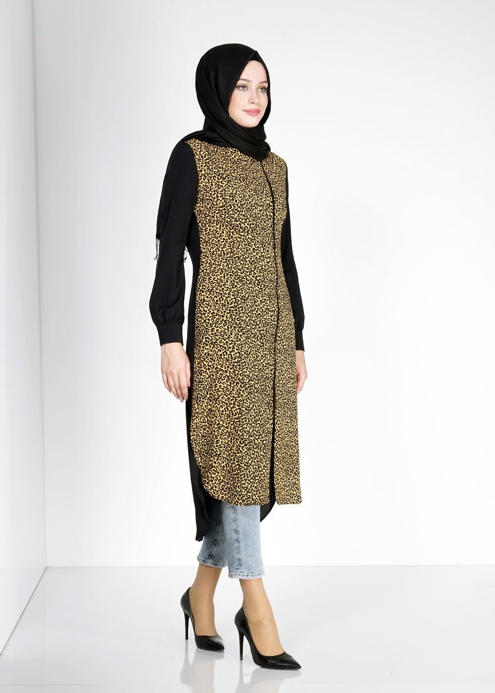 Tesettür giyim SARI LEOPAR DESENLİ FERMUARLI TUNİK 4812