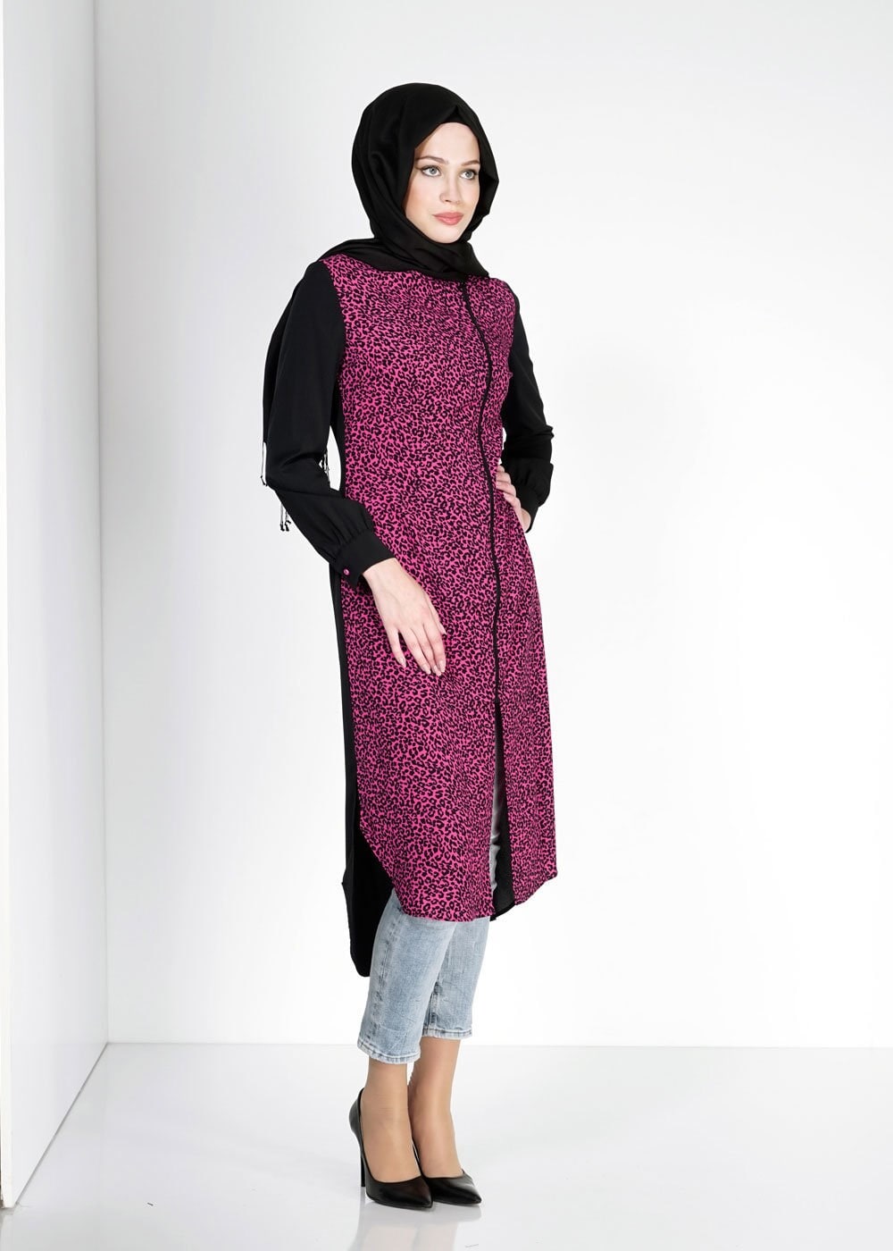 Tesettür giyim FUŞYA LEOPAR DESENLİ FERMUARLI TUNİK 4812
