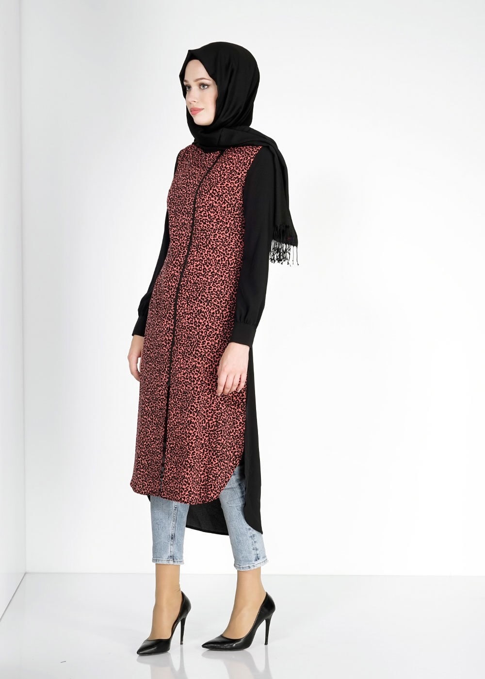 Tesettür giyim MERCAN LEOPAR DESENLİ FERMUARLI TUNİK 4812