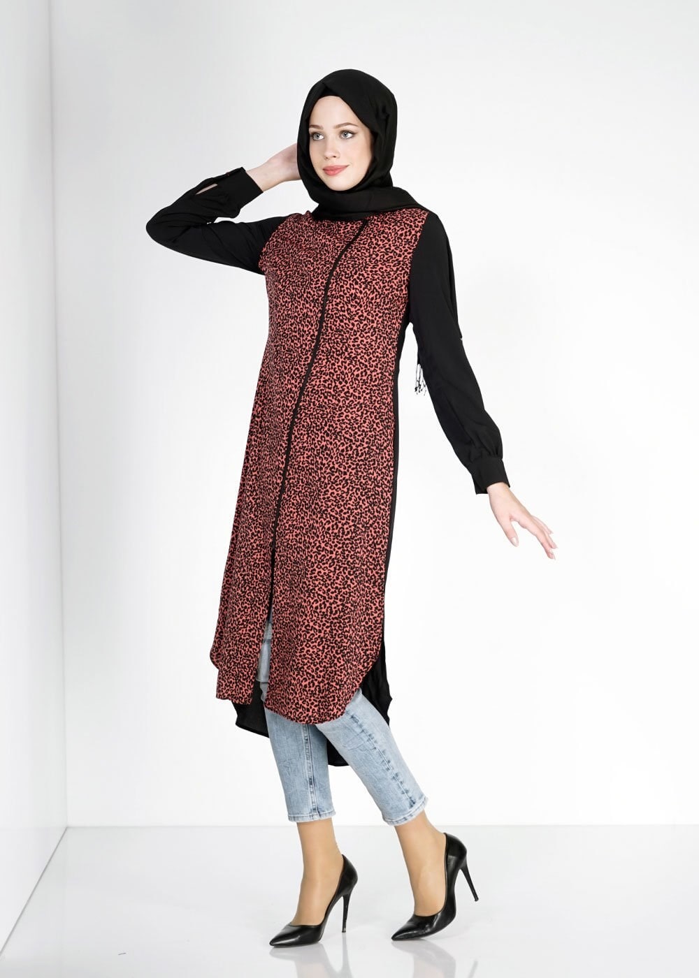 Tesettür giyim MERCAN LEOPAR DESENLİ FERMUARLI TUNİK 4812