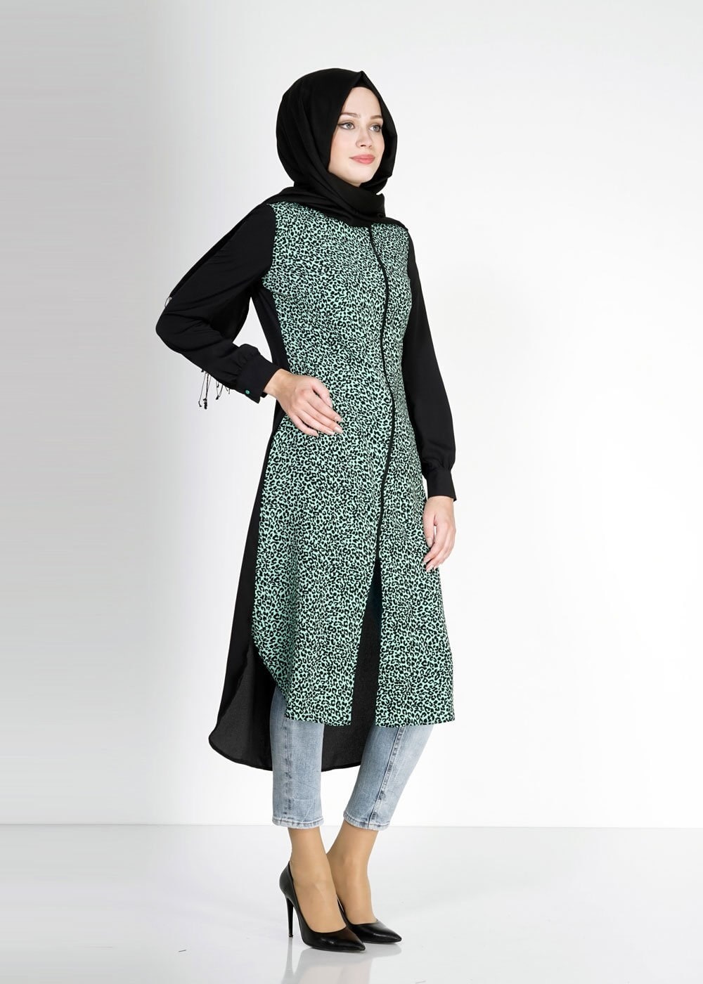 Tesettür giyim YEŞİL LEOPAR DESENLİ FERMUARLI TUNİK 4812