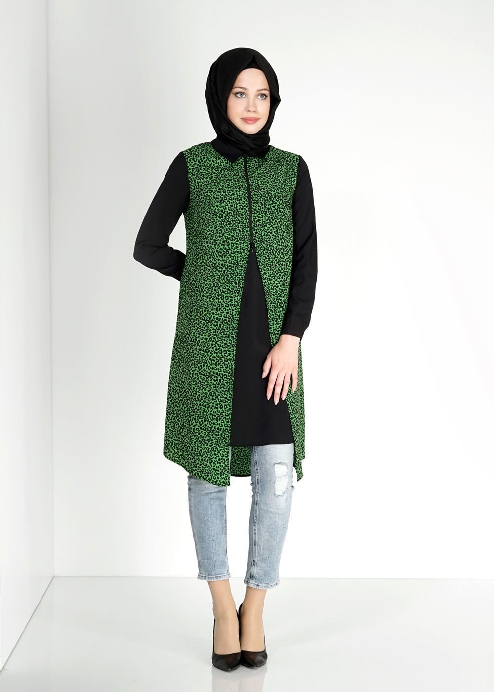 Tesettür giyim YEŞİL LEOPAR DESENLİ FERMUARLI TUNİK 4813