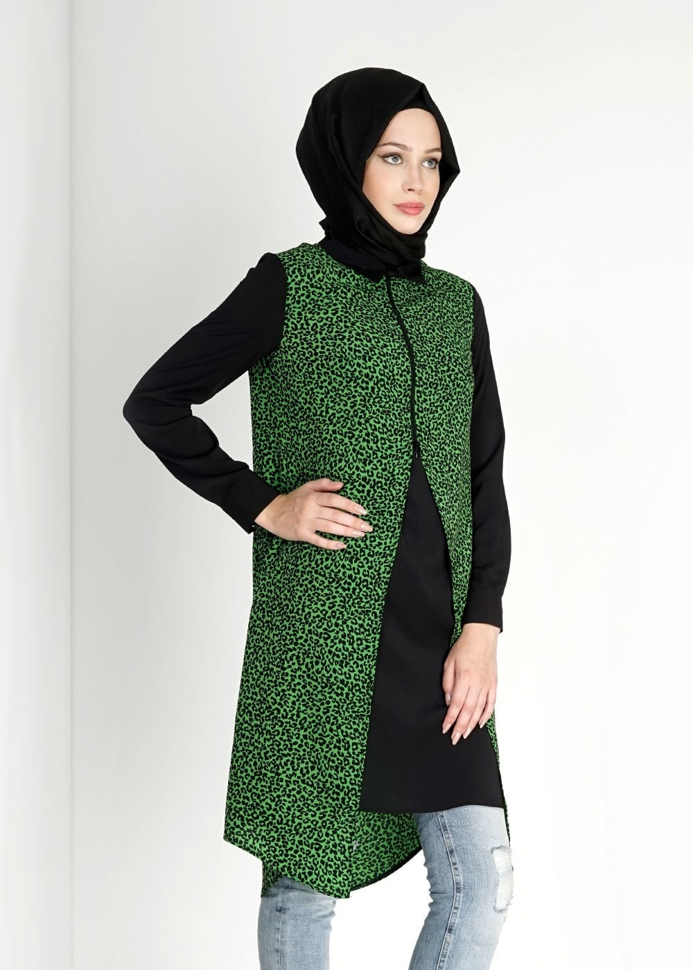 Tesettür giyim YEŞİL LEOPAR DESENLİ FERMUARLI TUNİK 4813