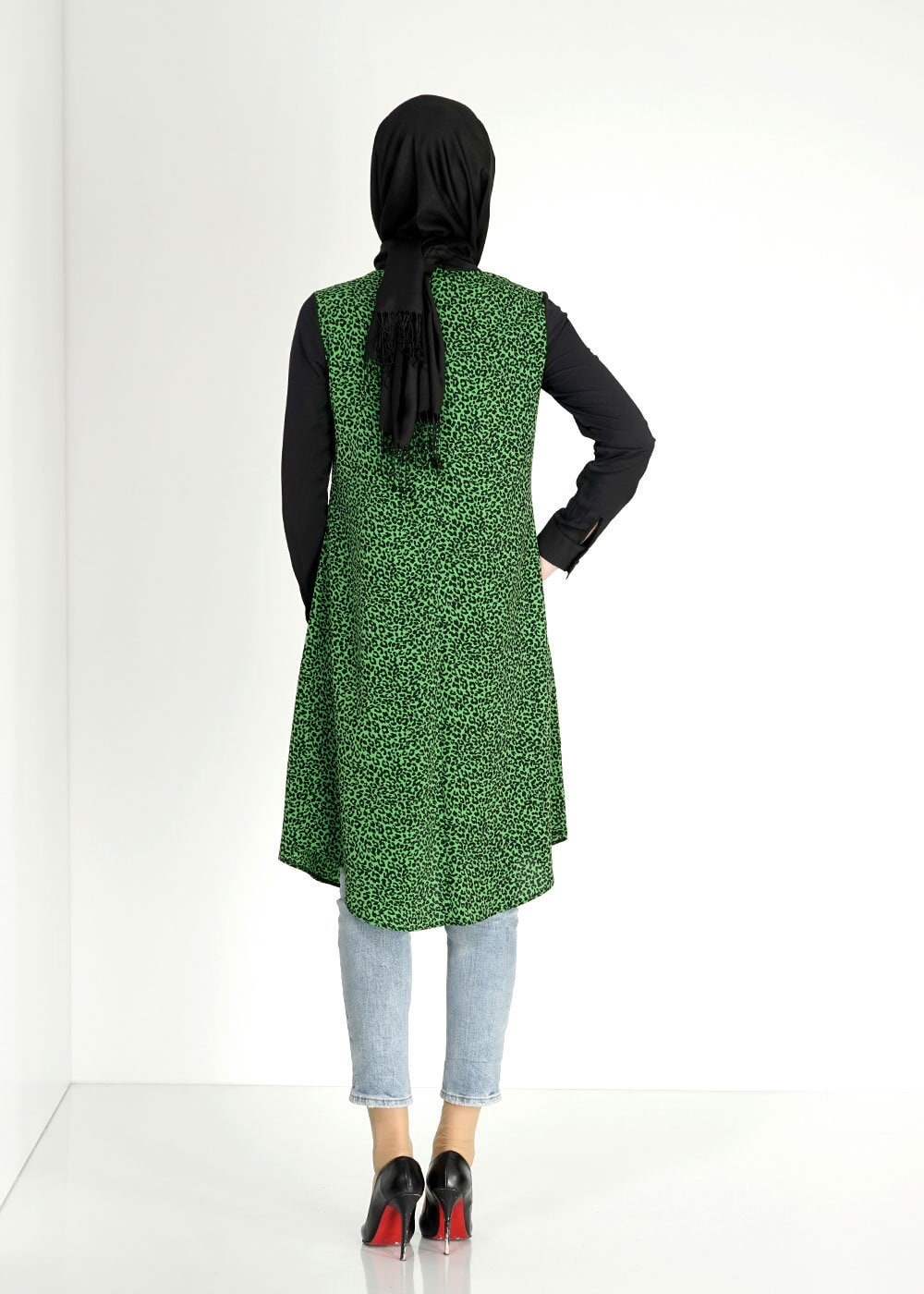 Tesettür giyim YEŞİL LEOPAR DESENLİ FERMUARLI TUNİK 4813