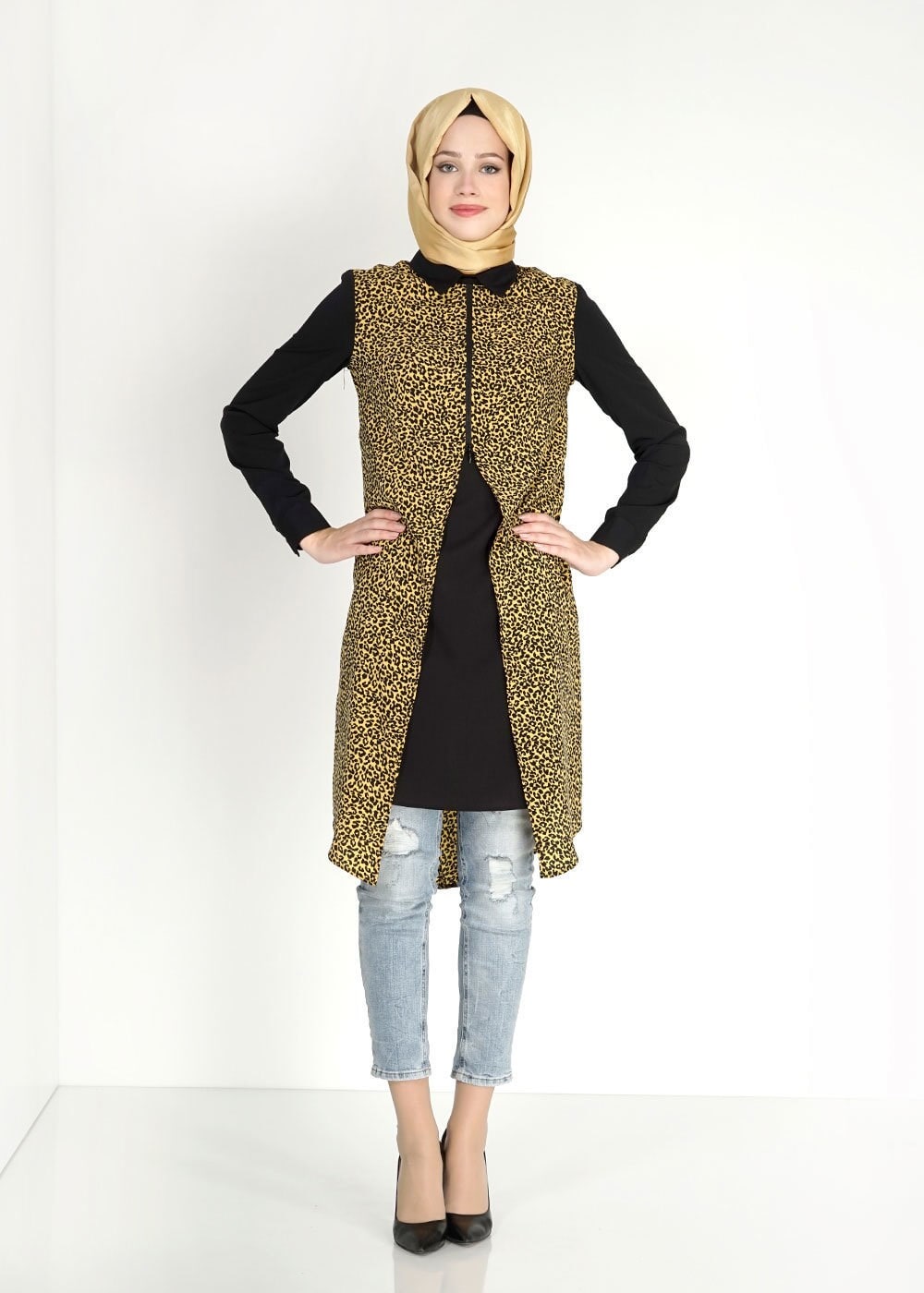 Tesettür giyim SARI LEOPAR DESENLİ FERMUARLI TUNİK 4813