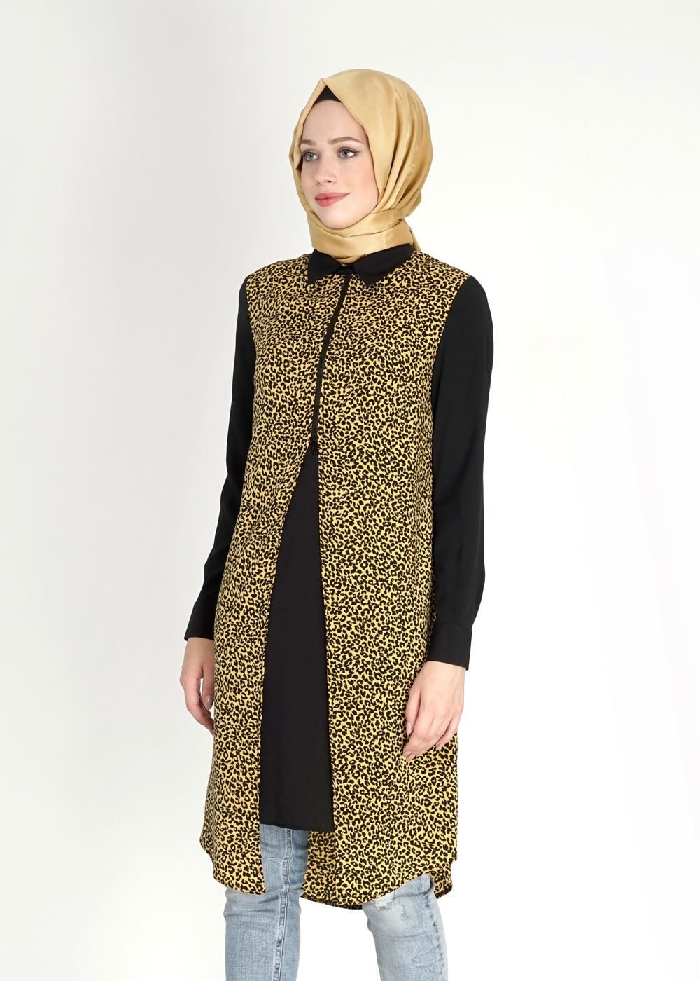 Tesettür giyim SARI LEOPAR DESENLİ FERMUARLI TUNİK 4813