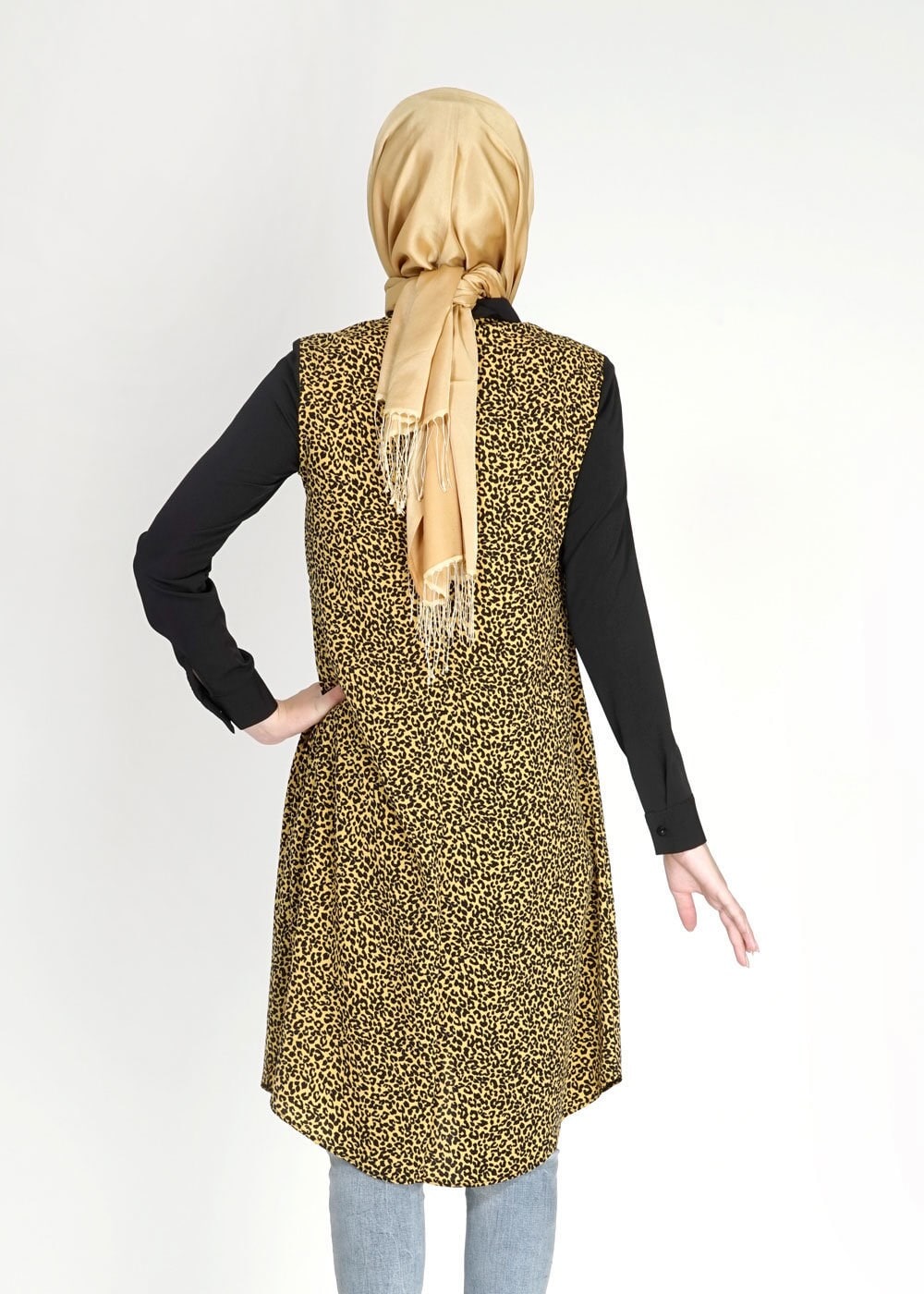 Tesettür giyim SARI LEOPAR DESENLİ FERMUARLI TUNİK 4813