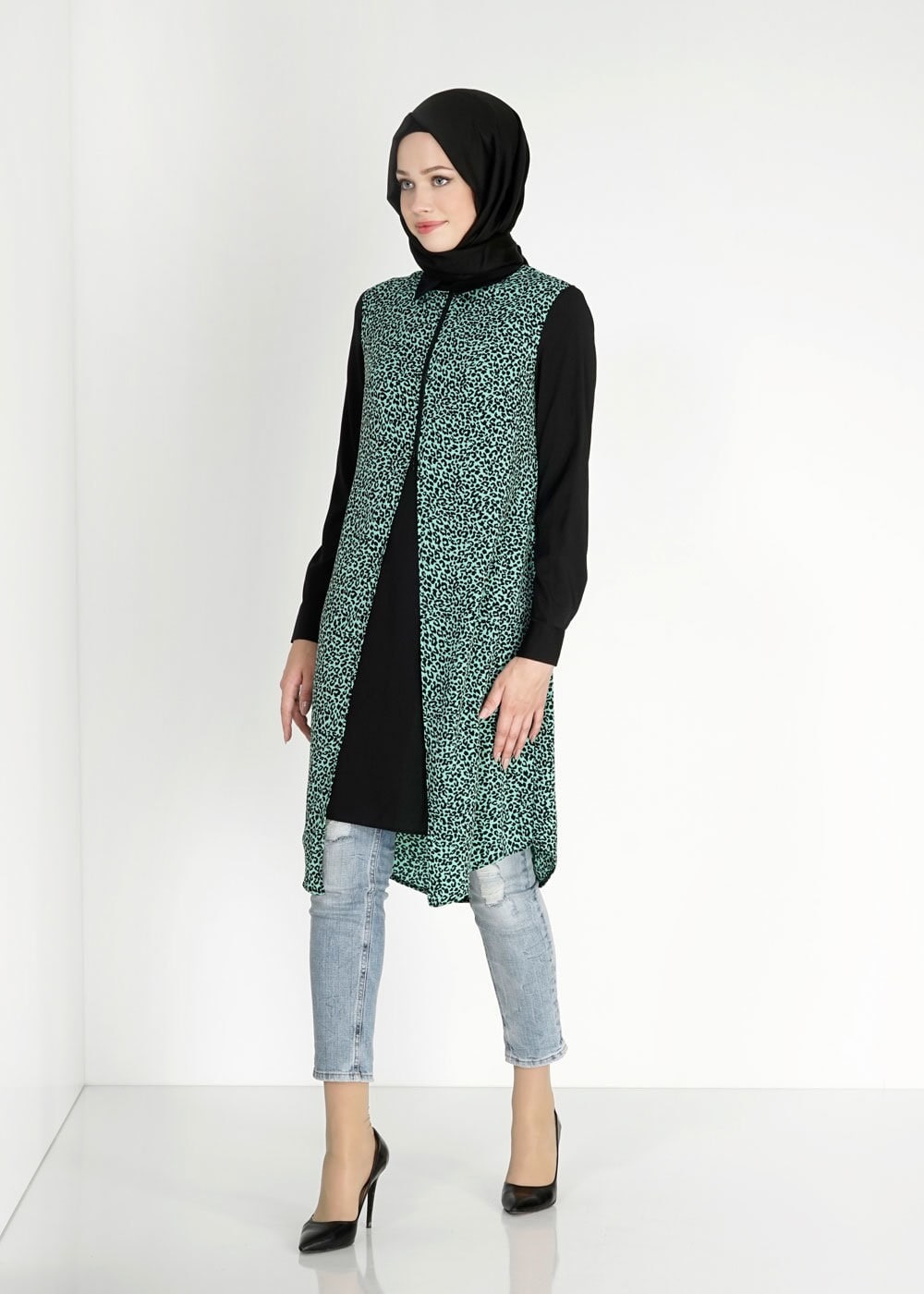 Tesettür giyim YEŞİL LEOPAR DESENLİ FERMUARLI TUNİK 4813