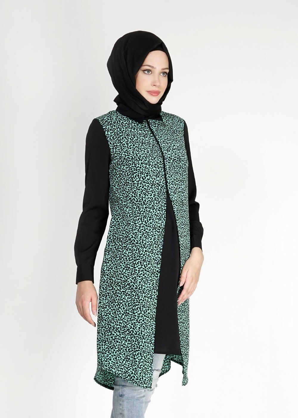 Tesettür giyim YEŞİL LEOPAR DESENLİ FERMUARLI TUNİK 4813