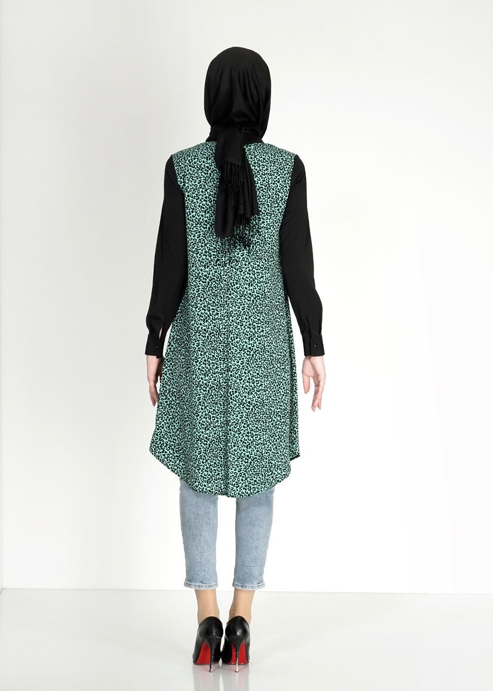 Tesettür giyim YEŞİL LEOPAR DESENLİ FERMUARLI TUNİK 4813