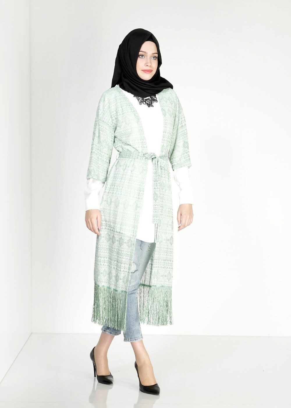 Tesettür giyim YEŞİL PÜSKÜL DETAYLI TUNİK 4823