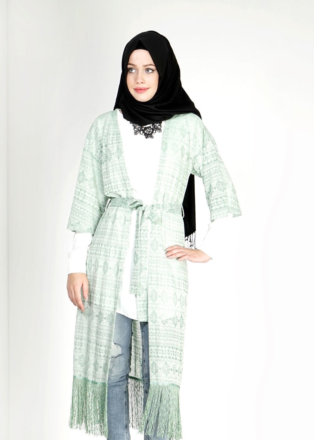 Tesettür giyim YEŞİL PÜSKÜL DETAYLI TUNİK 4823